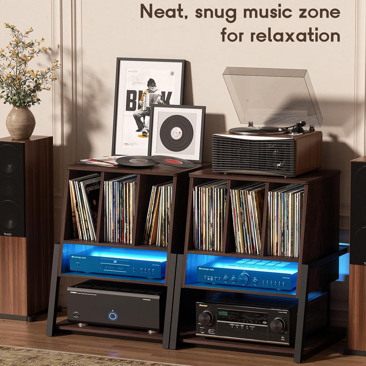 Homieasy Record Player Stand with Vinyl Storage Cabinet, 22" Record Player Table Up to 200 Albums, Large Wood Turntable Stand with Record Album Holder with Charging Station & LED Light, Espresso