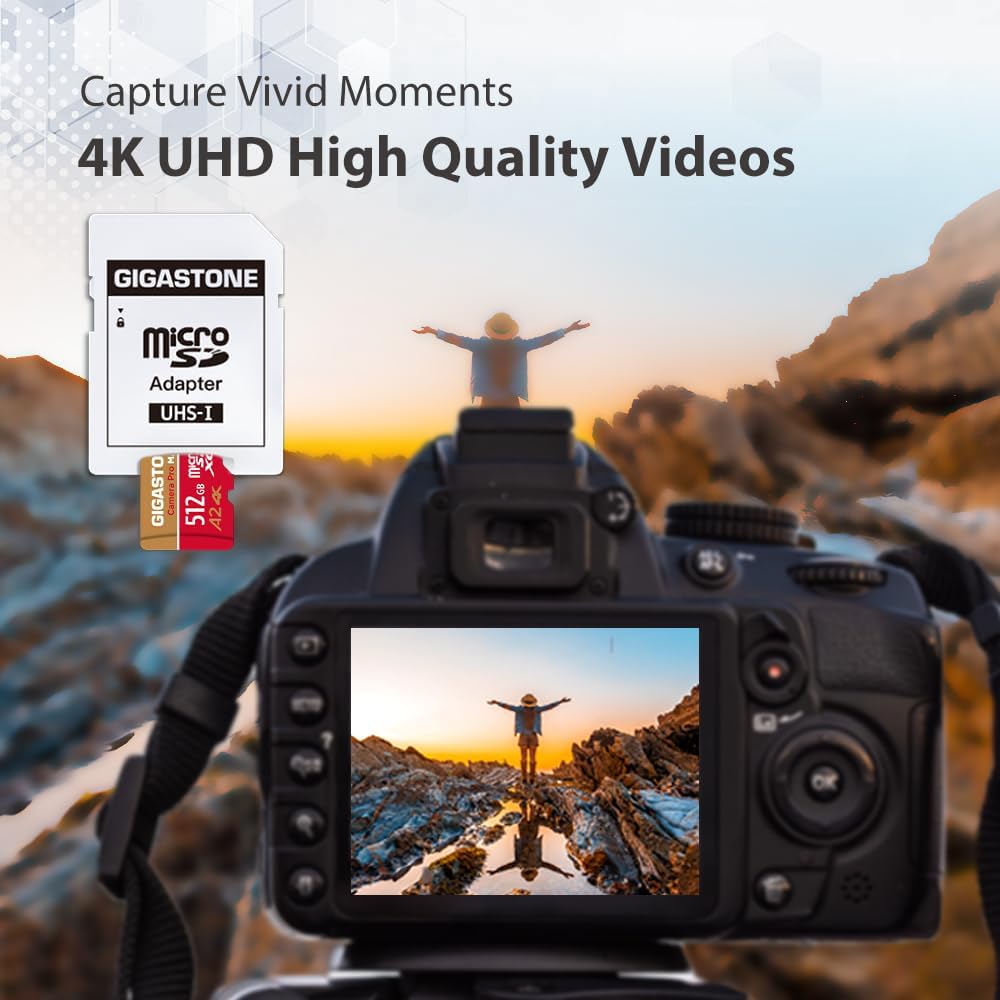 【5-Years Data Recovery】 GIGASTONE 512GB Micro SD Card, 4K Camera Pro MAX, Compatible with Gopro, Dash Cam, DJI, Drone, Security Camera, Speed Up to 170MB/s, UHS-I A2 4K U3 C10, with Adapter