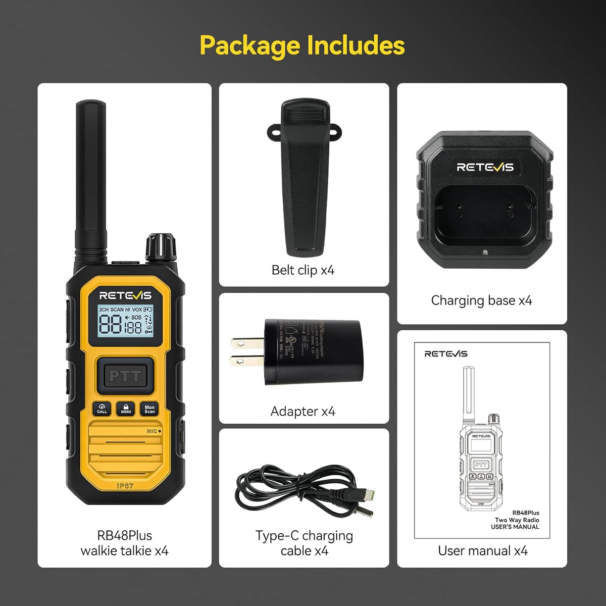 Retevis RB48 Plus IP67 Waterproof Heavy Duty Long Range Walkie Talkies, GMRS Radio, Construction Jobsite Two Way Radio, NOAA, Shock Resistant, Dual PTT, Emergency, Vibration Reminder(4 Pack)
