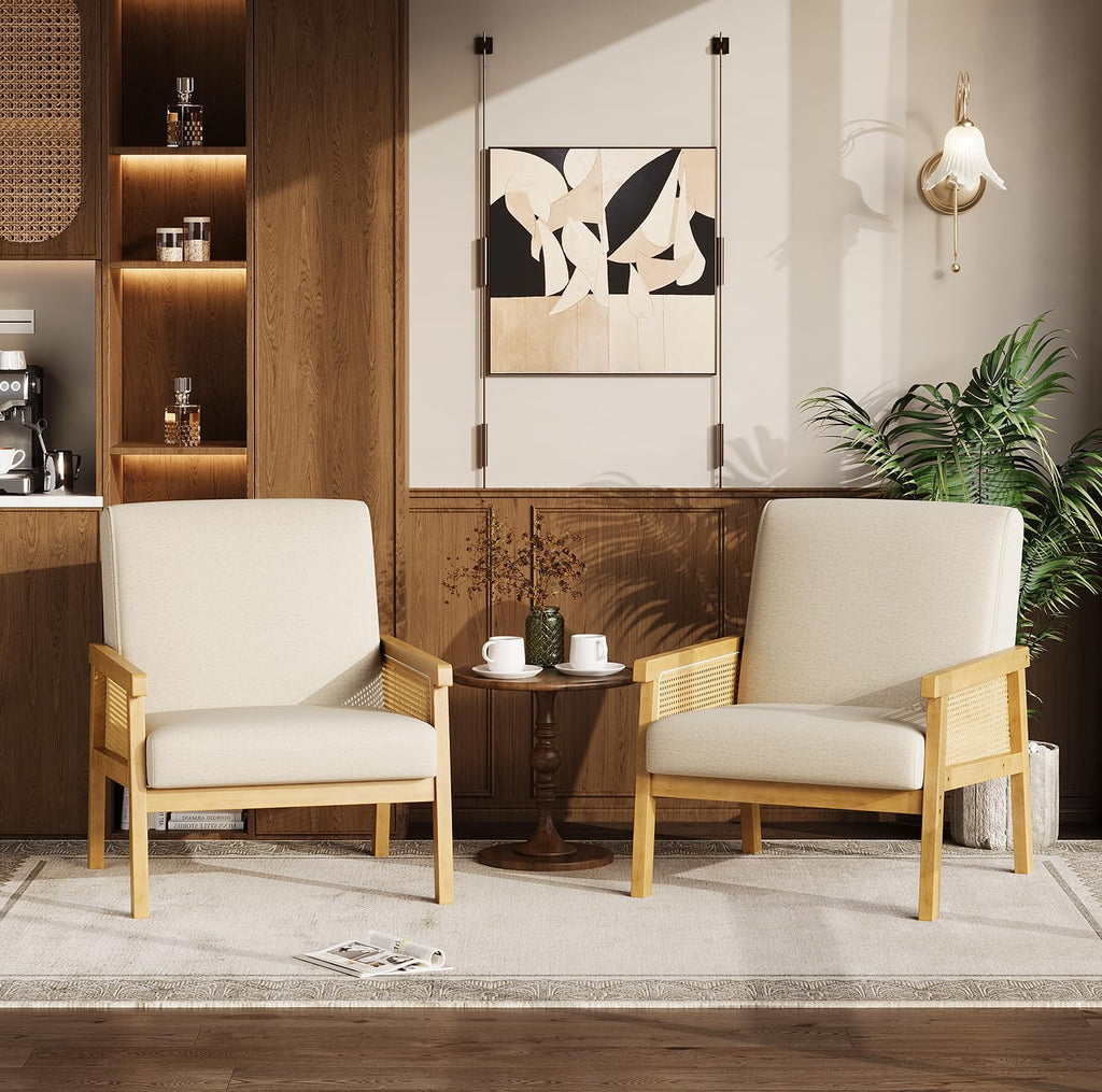 IDEALHOUSE Rattan Accent Chair, Linen Armchair, Upholstered Reading Chair with Wooden Frame and High Back, Leisure Chairs for Living Room Bedroom Waiting Room Reception, Beige