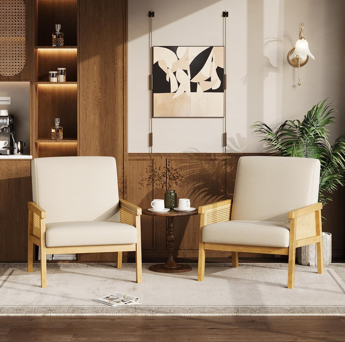 IDEALHOUSE Rattan Accent Chair, Linen Armchair, Upholstered Reading Chair with Wooden Frame and High Back, Leisure Chairs for Living Room Bedroom Waiting Room Reception, Beige