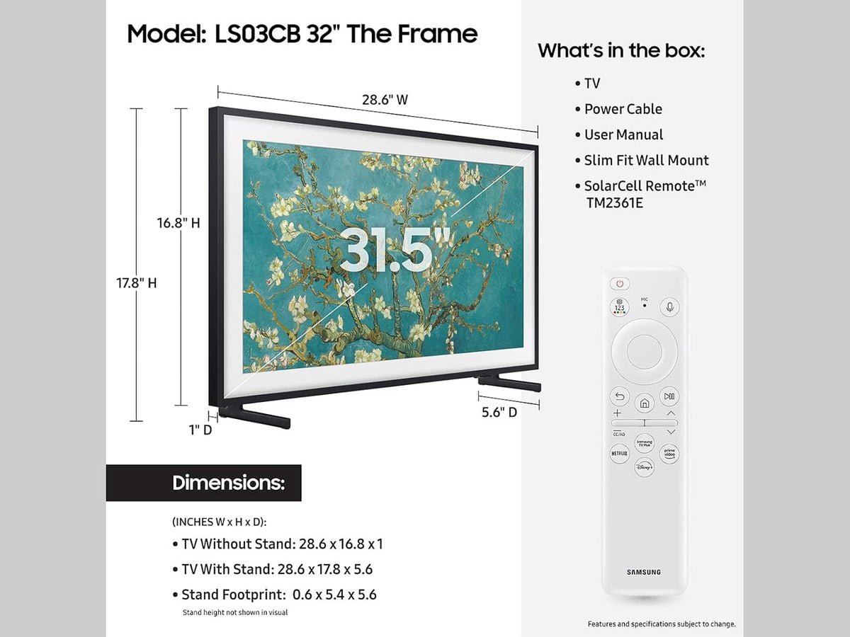 Samsung QN32LS03CBFXZA 32 Inch The Frame QLED Smart TV with Art Mode and 2 Year Amber Protection Plan (2023)