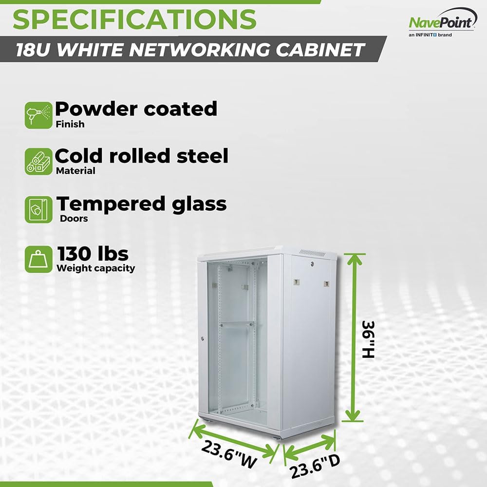 NavePoint 18U Network Cabinet with Glass Door – 18U Wall Mount Server Cabinet White 19” Rack for IT Equipment, AV Devices, Networking Equipment –23” Deep Server Rack Enclosure