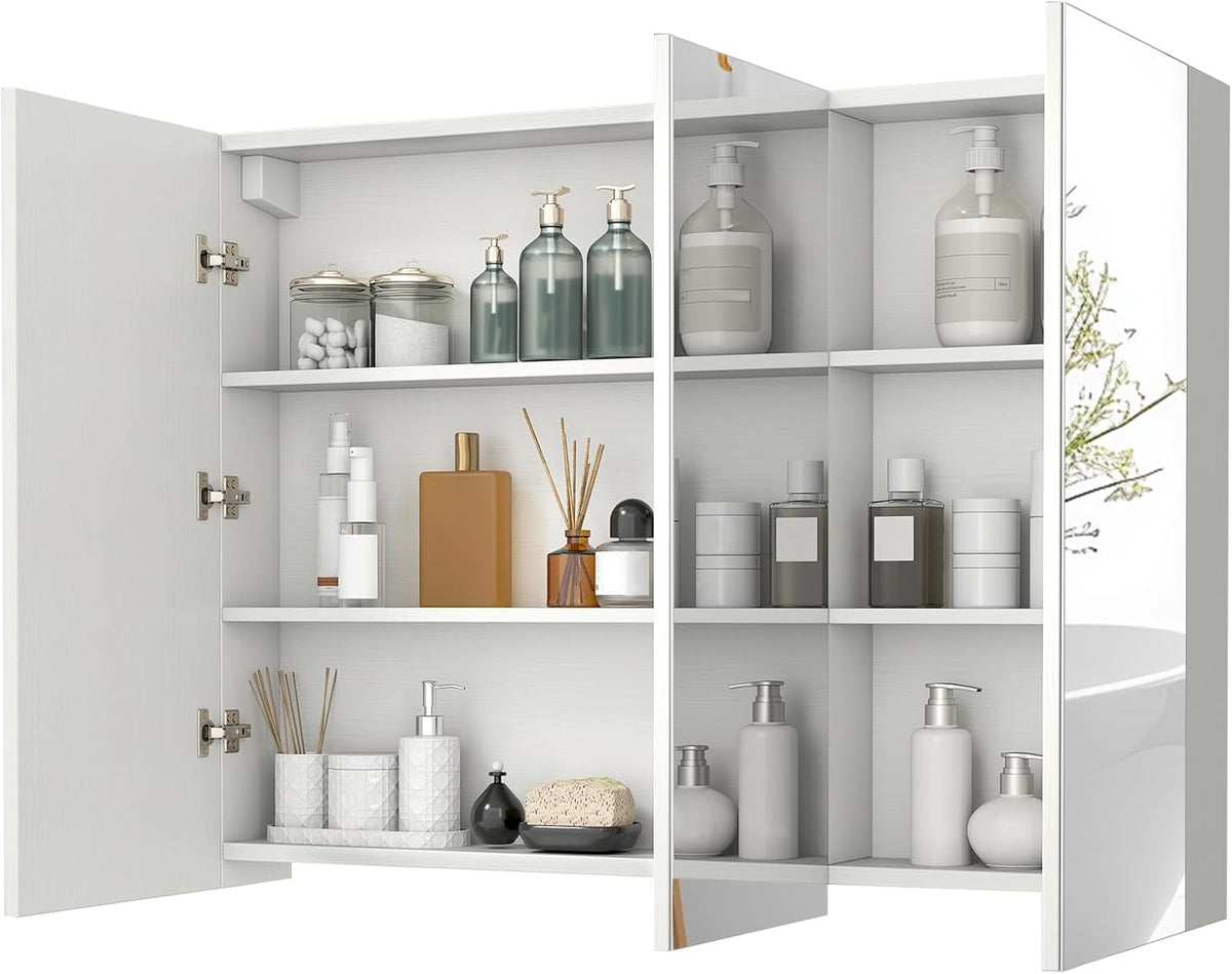 NAFORT Mirrored Medicine Cabinet, 3-Door Wall Mounted Storage Cabinet with Adjustable Shelves, Large Bathroom Wall Cabinet Organizer with Frameless Mirrors, Recessed or Surface Mount
