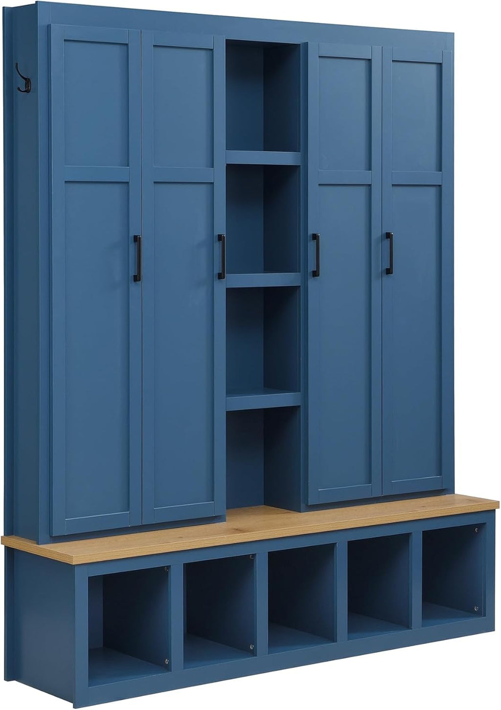 LUMISOL 4-in-1Wide Hall Tree with Wood Grain Bench and 8 Open Compartments, Farmhouse Style Entryway Bench with Storage Unit and 6 Hooks, 62.9" Rustic Coat Rack for Hallway Living Room, Blue