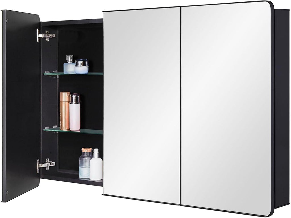 IDYLLOR Bathroom Mirror Medicine Cabinet with Round Corner Framed Door 48 x 30 inch, Black .Recessed or Surface Mount, with Adjustable Glass Shelves