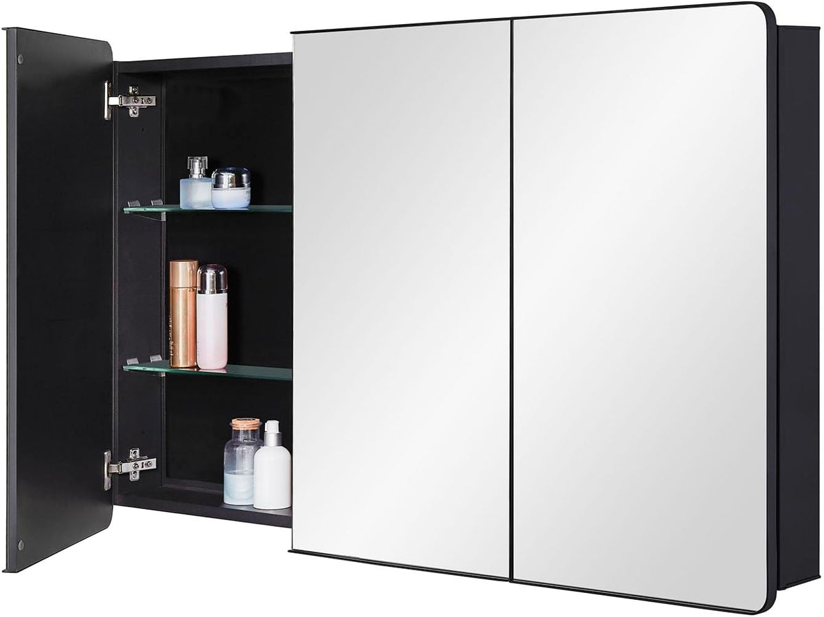 IDYLLOR Bathroom Mirror Medicine Cabinet with Round Corner Framed Door 48 x 30 inch, Black .Recessed or Surface Mount, with Adjustable Glass Shelves