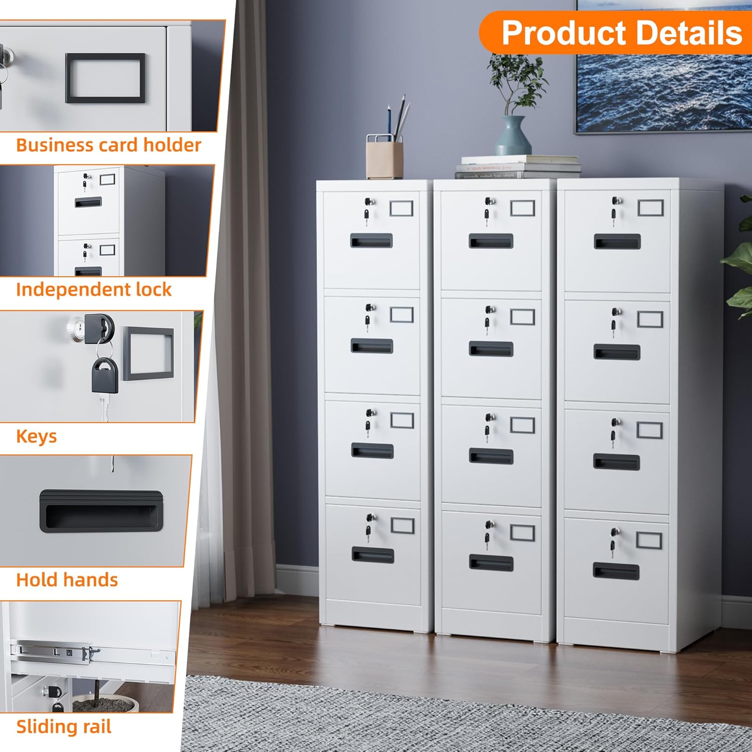 4 Drawer File Cabinet with Lock,White Metal Filing Cabinet for Home Office,Vertical Steel Storage Cabinet with Keys for Letter/A4 Size,14.96" W x 17.72" D x 55.2" H,Assembly Required
