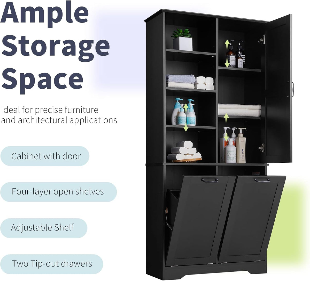 Tall Storage Cabinet with Door and Open Shelf, Multi-Functional Laundry Hamper Basket for Home Bathroom, Laundry Room, Black