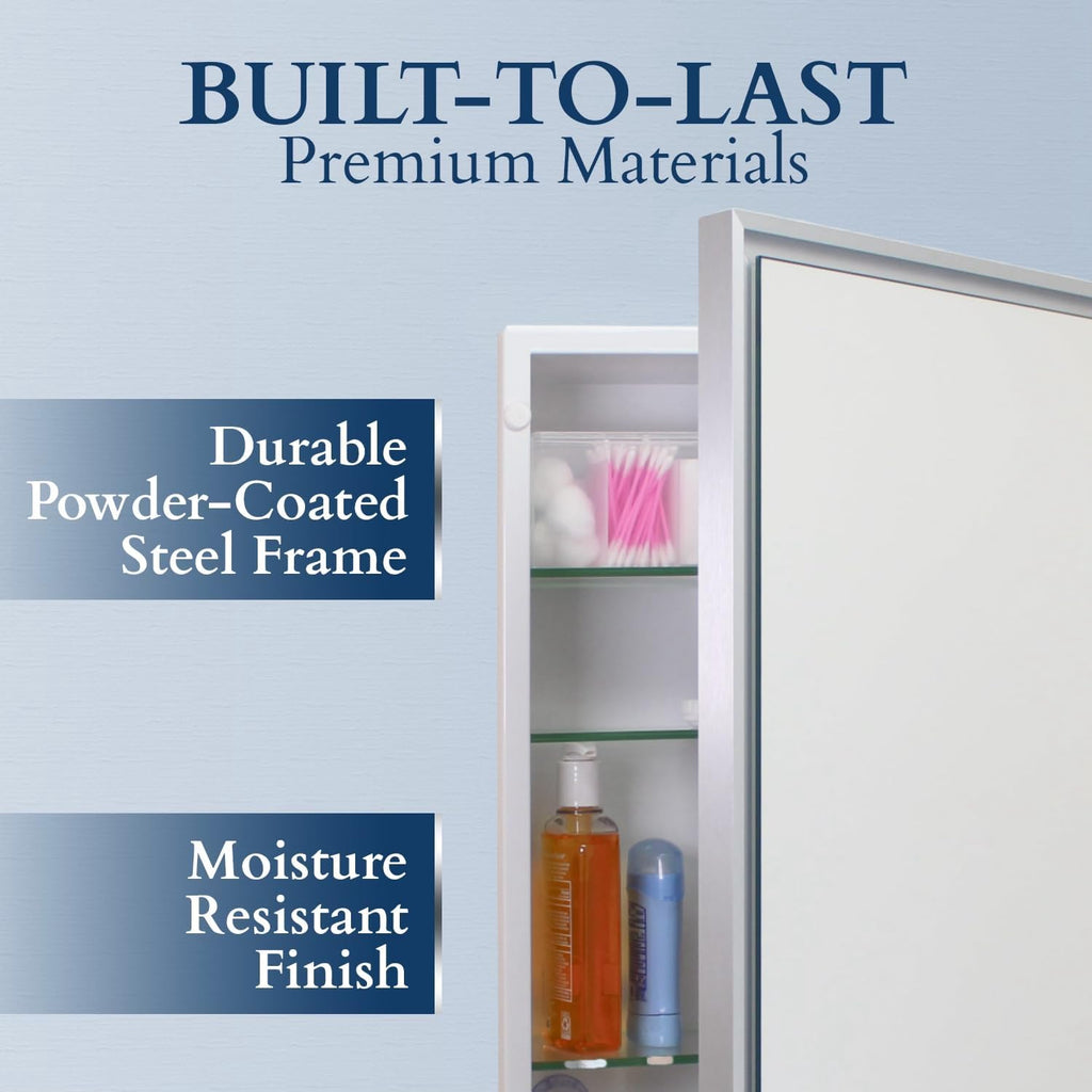 16x26 Parker Metro Metal Framed Rectangle Recessed Bathroom Medicine Cabinet, Floating Mirror, 14x24 in-Wall Opening, Steel, Adjustable Glass Shelves, Magnet Close, Black
