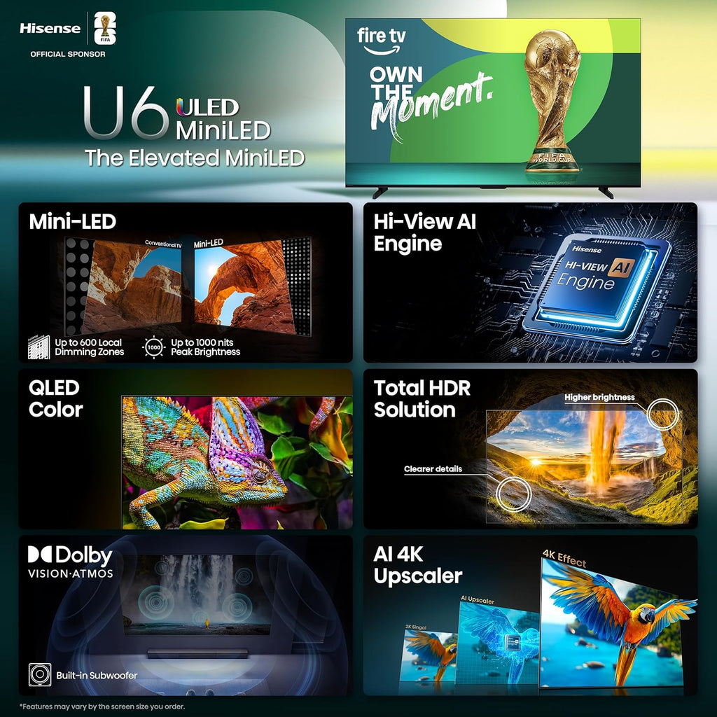 Hisense 65" Class U6 Series Mini-LED 4K UHD Smart Fire TV (65U65QF, 2025 Model) - QLED, Native 144Hz, HDR10+, Dolby Vision IQ, Dolby Atmos, Game Mode Pro, ALLM, Alexa Built in, Black