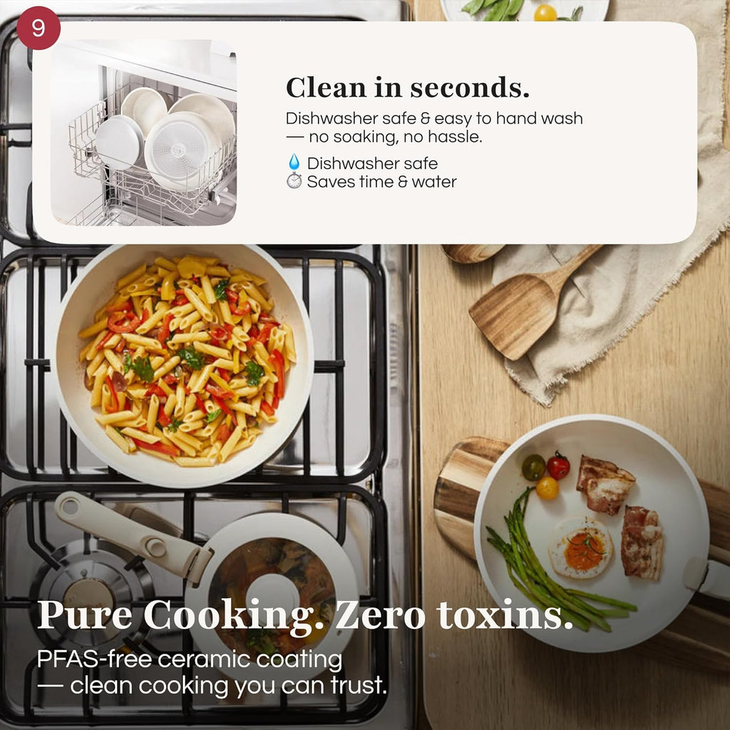 GOURMETIFIC® Pots and Pans Cookware Set 11 PIECES - Non Toxic Ceramic Coated Cooking Ware - Induction, Gas & Oven Kitchenware - Non Stick Pot & Pan with Removable Handles & Stackable (Cream)
