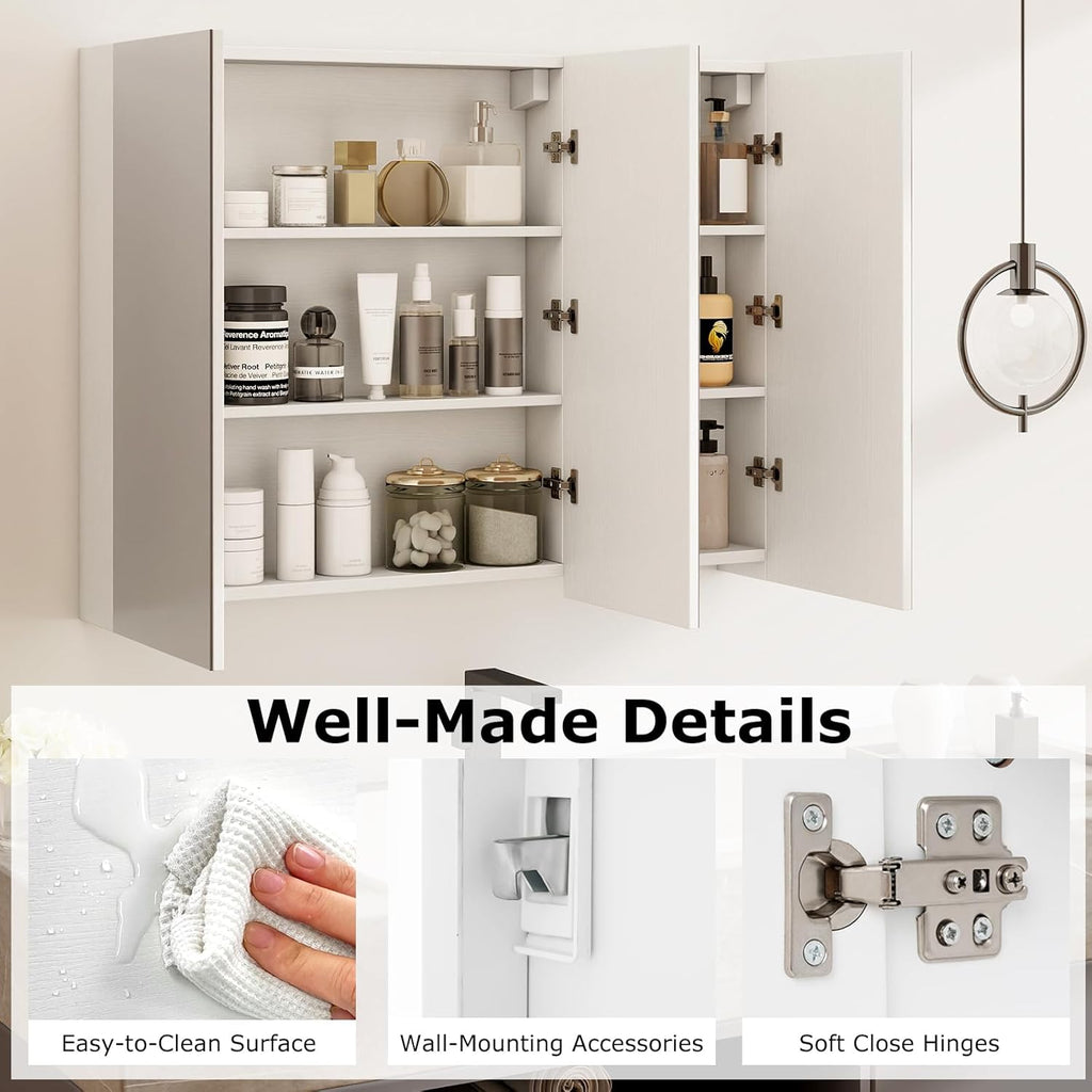 Tangkula Mirrored Medicine Cabinet, Large Wide Wall Mounted Storage Cabinet with 3 Mirror Doors, Hanging Bathroom Organizer, White, 34.5 x 5 x 25.5 Inches