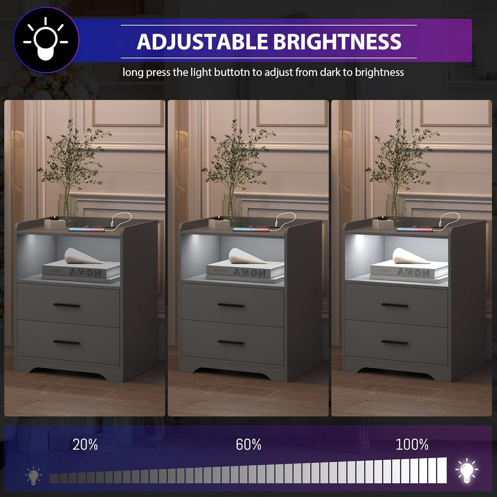 dnbss Grey Night Stand with Wireless Charging Station, Nightstand with 2 Drawers, Smart Bedside Table with 24-Color RGB Lighting, Modern LED Lighted Nightstand for Bedroom