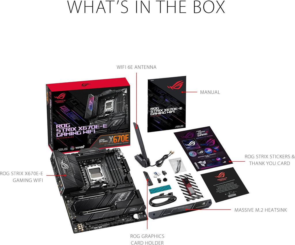 ASUS ROG STRIX X670E-E GAMING WIFI AMD X670 AM5 Ryzen™ Desktop 9000 8000 & 7000 ATX motherboard, 18+2 power stages, DDR5, 4x M.2 slots with heatsink, PCIe® 5.0, USB 3.2 Gen 2x2, WiFi 6E, AI Cooling II