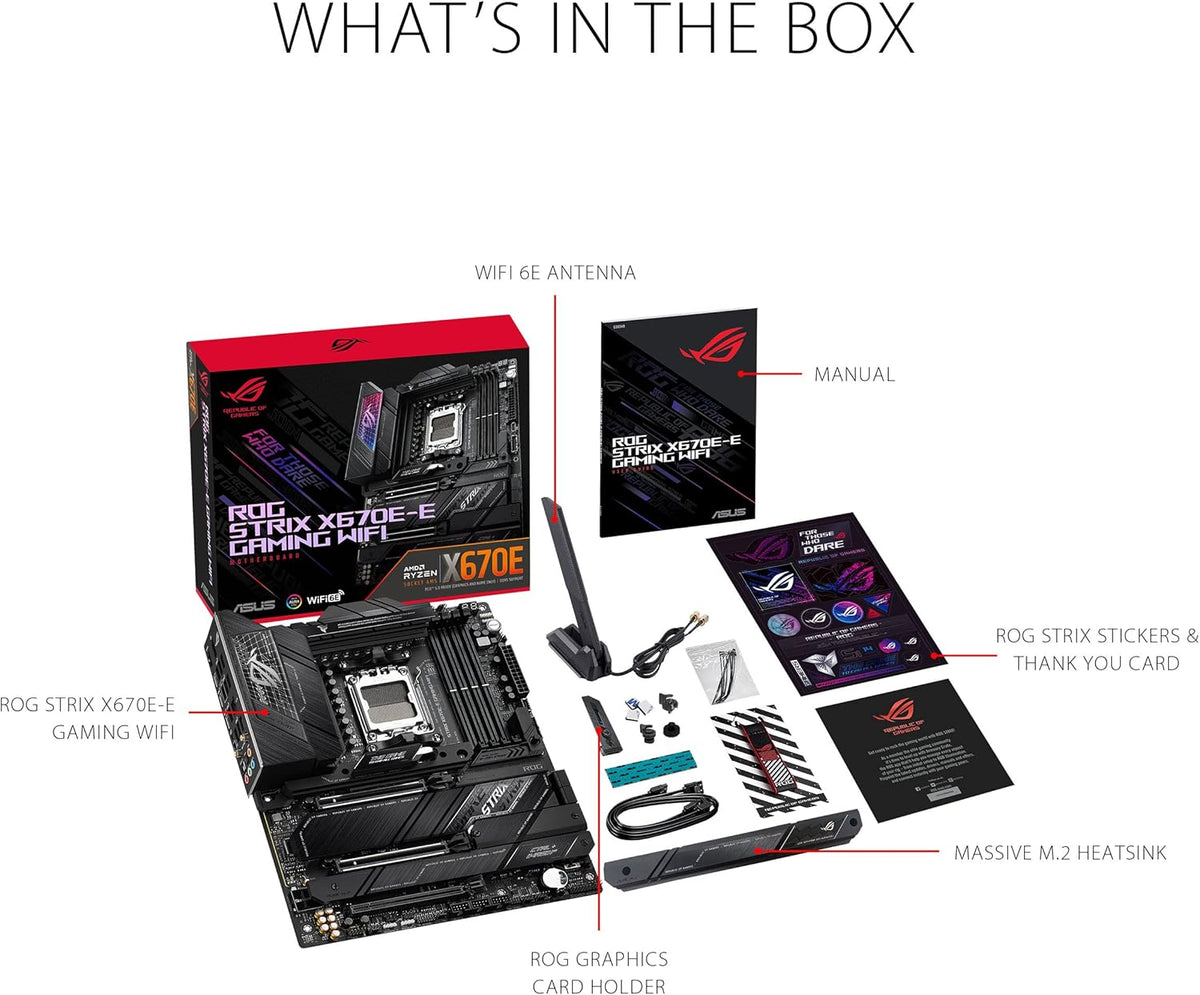 ASUS ROG STRIX X670E-E GAMING WIFI AMD X670 AM5 Ryzen™ Desktop 9000 8000 & 7000 ATX motherboard, 18+2 power stages, DDR5, 4x M.2 slots with heatsink, PCIe® 5.0, USB 3.2 Gen 2x2, WiFi 6E, AI Cooling II