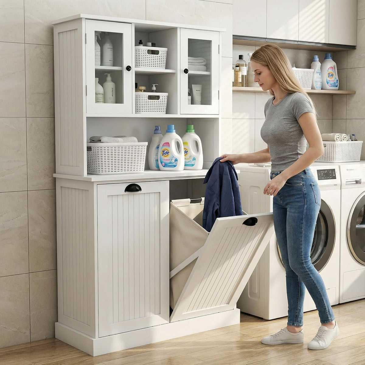 Laundry Room Storage Cabinets with Tilt-Out Double Doors, Laundry Cabinet with 2 Removeable Non-Woven Bags and Glass Doors 60” Tall Bathroom Cabinet with Adjustable Shelves (White)