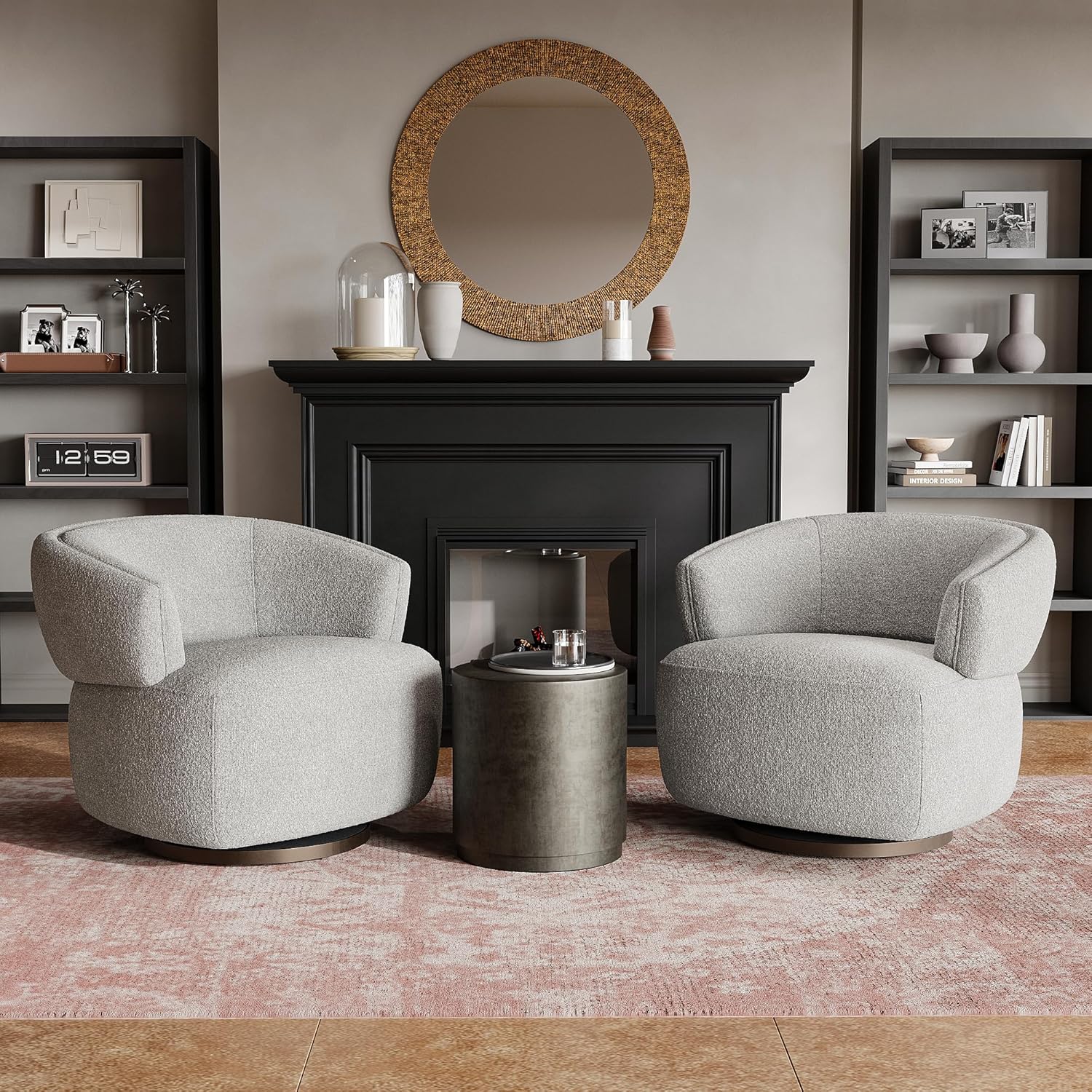RoyalCraft Swivel Accent Chair Set of 2, Fully Assembled Round Barrel Chairs, Oversized Upholstered Armchair with 360-Degree Base, Modern Club Chair for Living Room, Bedroom, Office, Grey