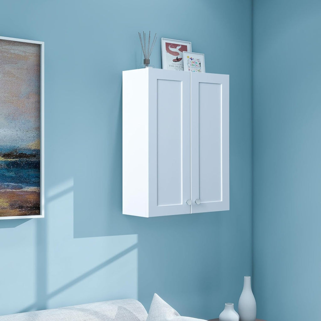 VANIRROR White Wall Mount Cabinet, MDF Over the Toilet Storage Cabinet with Adjustable Shelves, Space Saver 2 Door Medicine Cabinet for Bathroom Laundry Kitchen, 19x 27in, No Paint Odor