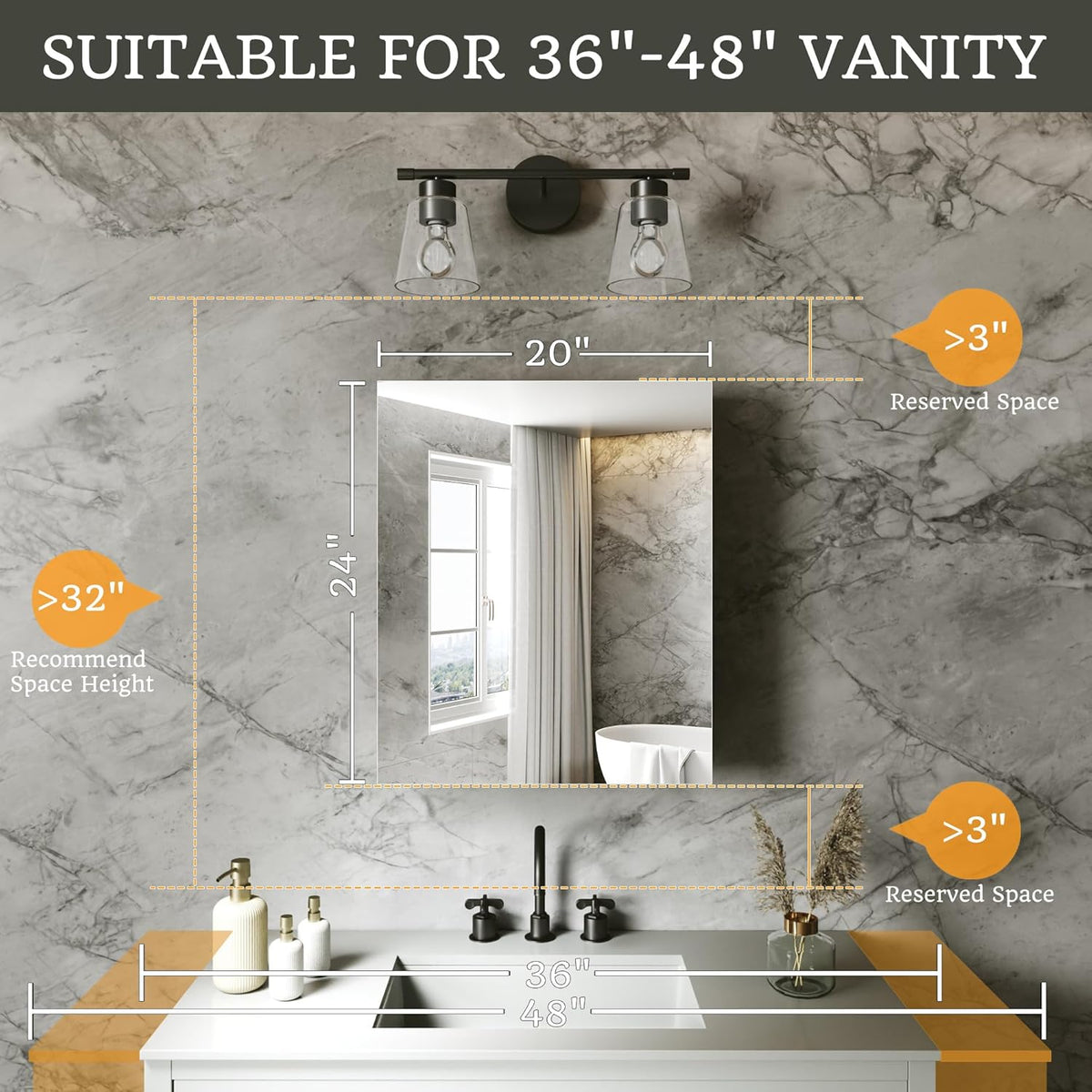 20x24 Bathroom Medicine Cabinet with Mirror,Aluminum Alloy Frame with Mirror Side Panels,Surface or Recessed Medicine Cabinet with Adjustable Shelves,Assembly Required