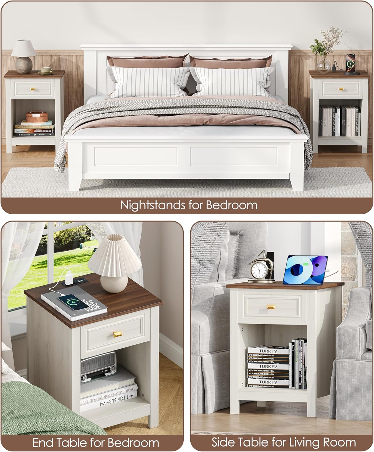 Akxomel Farmhouse Nightstands Set of 2, Night Stand with Charging Station, Wooden Side End Table with Drawer and Storage Shelf, Modern Bedside Table with Golden Handle, for Bedroom, Off White