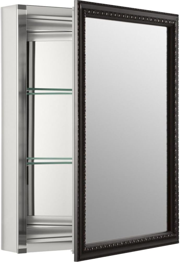 Kohler 2967-BR1 20" W x 26" H Bathroom Medicine Cabinet with Framed Mirror Door, Recessed or Surface Mount Bathroom Wall Cabinet, Oil-Rubbed Bronze
