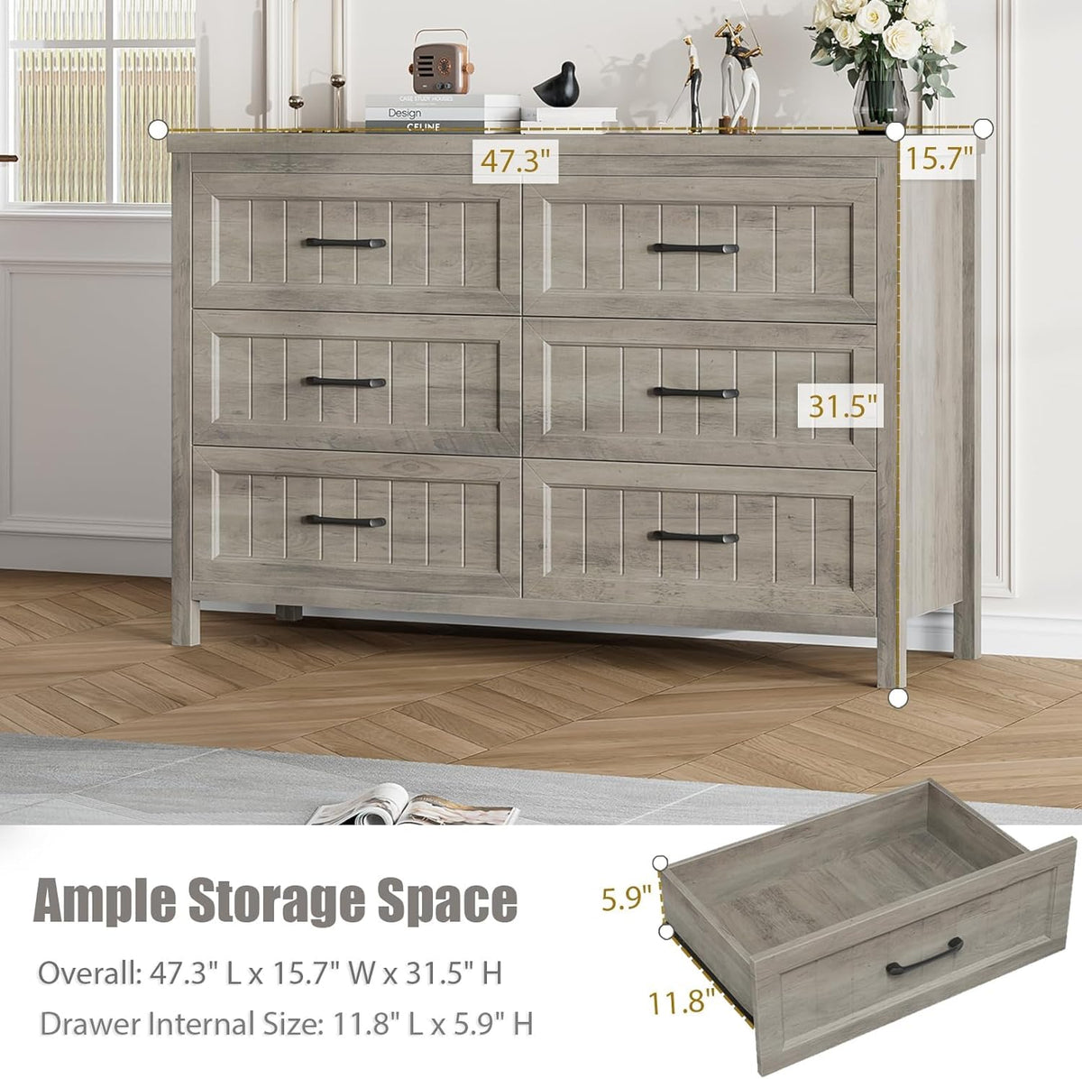 Jocoevol Farmhouse Grey 6 Drawer Dresser for Bedroom, Chest of Drawers - Large Double Dressers TV Stand with Deep Drawers Dressers for Hallway, Entryway - Gray