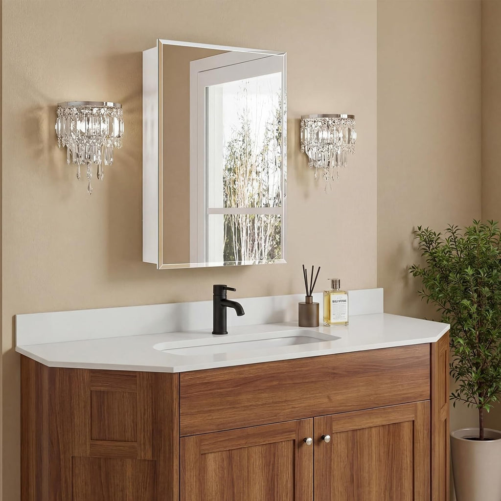 22”x30'' Frameless Beveled Mirror Medicine Cabinet, Removeable Shelf,Surface/Recessed Mount,Bathroom Cabinet with Storage