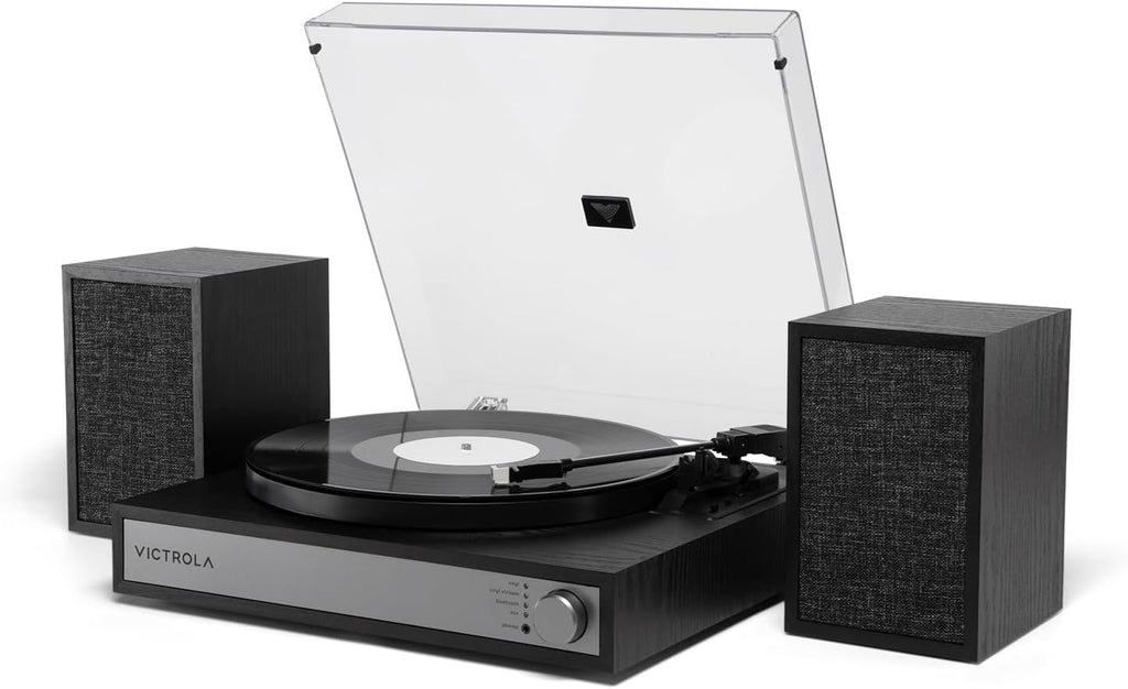 Victrola Harmony – Bluetooth Turntable System– 3-Speed Vinyl Record Player, Stereo Bookshelf Speakers, Mid-Century Modern Design, Audio Technica ATN3600L, Bluetooth Input and Output (Black)