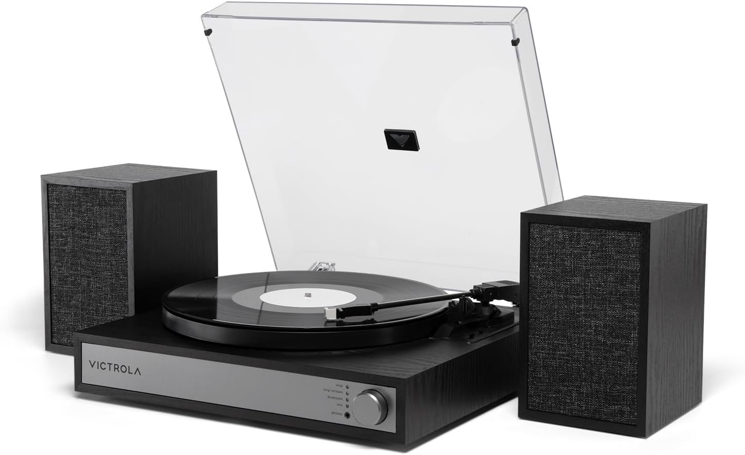 Victrola Harmony – Bluetooth Turntable System– 3-Speed Vinyl Record Player, Stereo Bookshelf Speakers, Mid-Century Modern Design, Audio Technica ATN3600L, Bluetooth Input and Output (Black)
