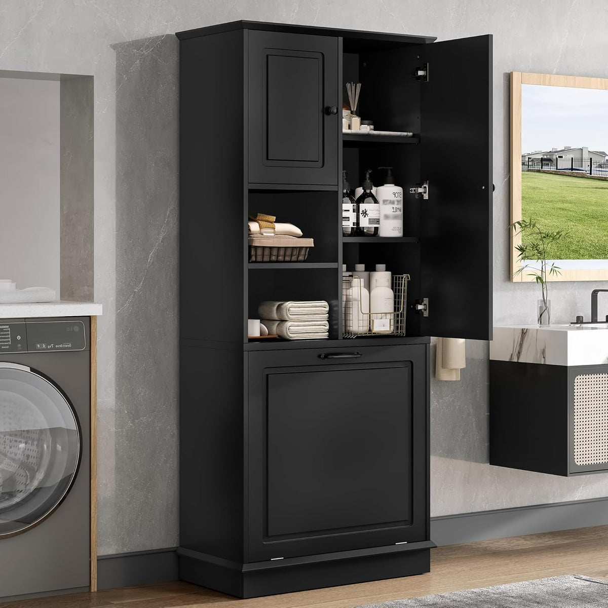 Virubi Tall Laundry Cabinet with Tilt Out Hamper, Doors, and Adjustable Shelves,Wood Laundry Room Cabinets,for Bathroom Storage Organization, Freestanding (Black)