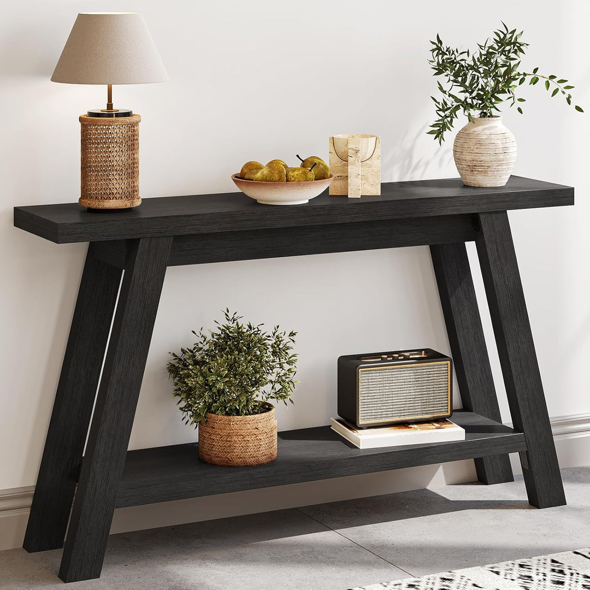 Black Console Table, 55Inch Entryway Console Tables 2-Tier Narrow Wood Console Table Behind Couch Sofa Tables for Living Room, Entryway, Hallway (Black)