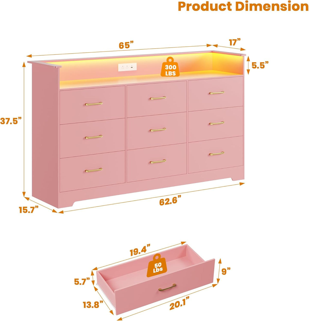 Garvee 9 Drawer Dresser for Bedroom - 65” Wide Chest of Drawers with LED Light and Charging Station, Modern Large TV Stand Cabinet Organizer with Open Shelf for Living Room, Entryway, Hallway, Pink