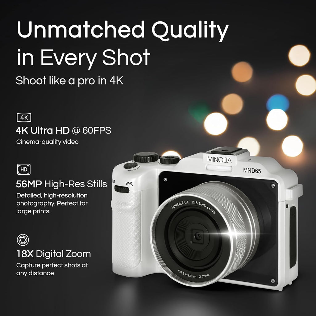 Minolta Digital Camera – 56MP Photos, 4K 60FPS Video, Dual-Lens Selfie Design, 18X Zoom, Wi-Fi, RAW/JPEG Capture, 3” LCD, Compact Travel Camera (Gray)