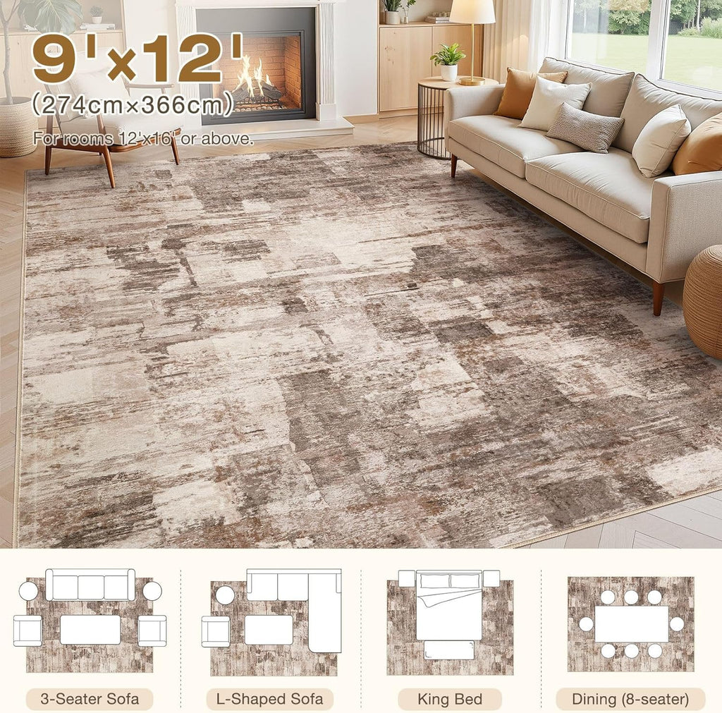 kakania 9x12 Washable Area Rug - Abstract Soft Non-Slip Modern Low-Pile Carpet for Living Room Bedroom Office Dorm, Kid Pet Safe Robot Vacuum Friendly - Brown