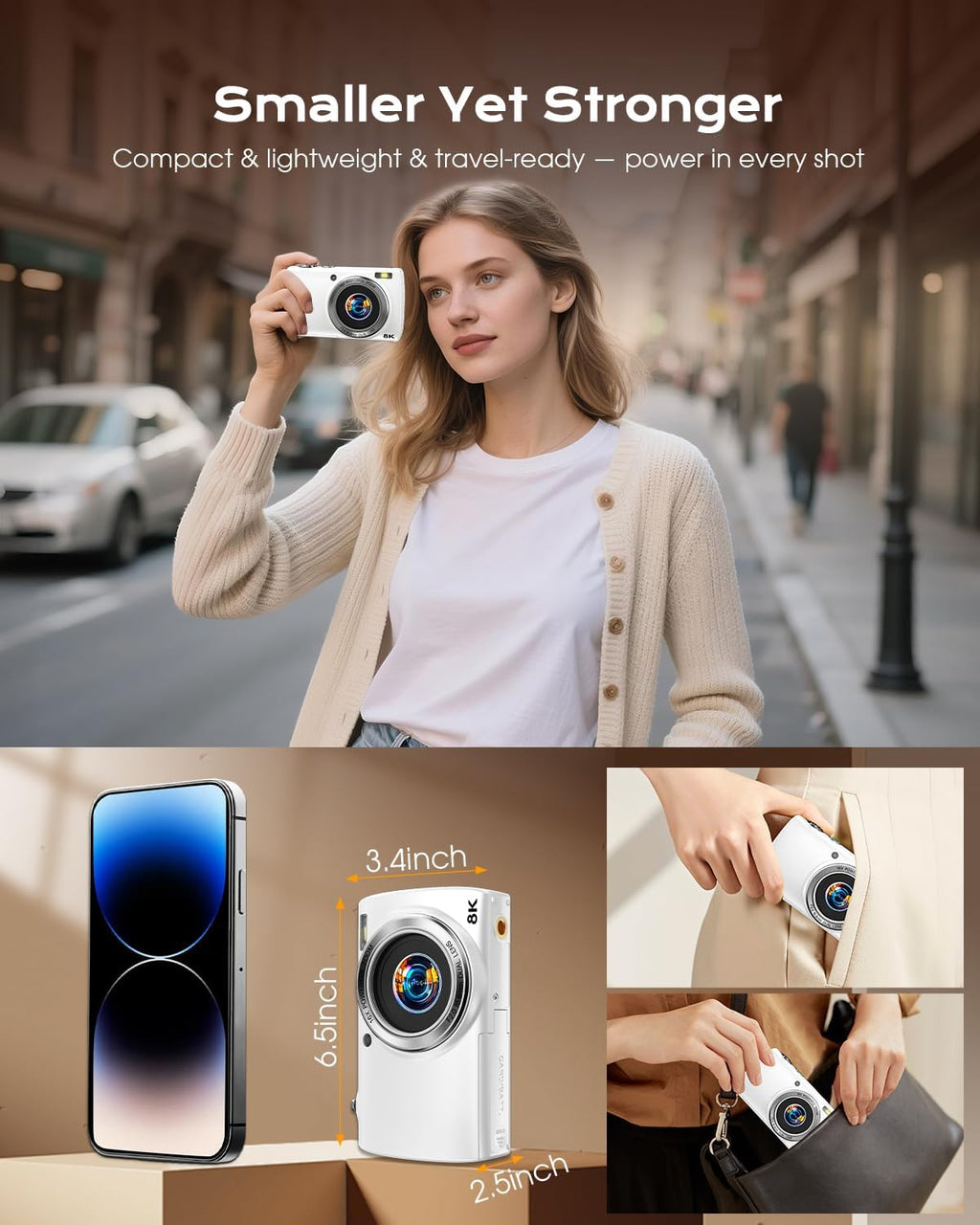 88MP Digital Camera for Photography, 2026 New WiFi 8K Vlog Video Camera for YouTube with Touch Screen, Dual Lens, Autofocus Anti-Shake, 16X Zoom, Small Travel Camera, 32GB TF Card, 2 Batteries, White