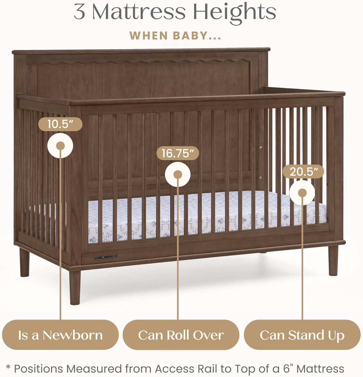 Delta Children Penelope 6-in-1 Convertible Crib - Greenguard Gold Certified, Teak Brown