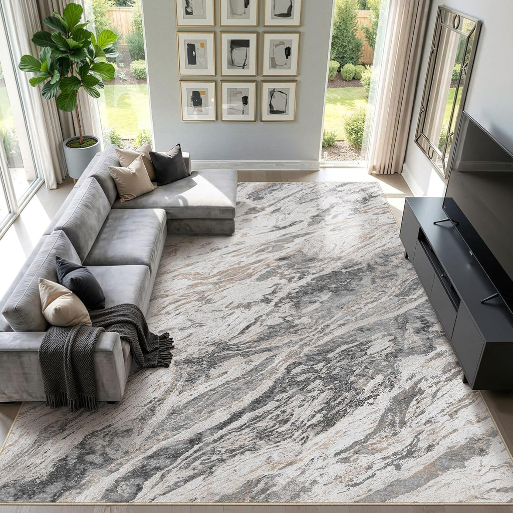 Area Rugs for Living Room: 9X12 Abstract Washable Rug Modern Neutral Large Soft Stain Resistant Non-Slip for Bedroom Dining Room Indoor Home Office Carpet - Taupe