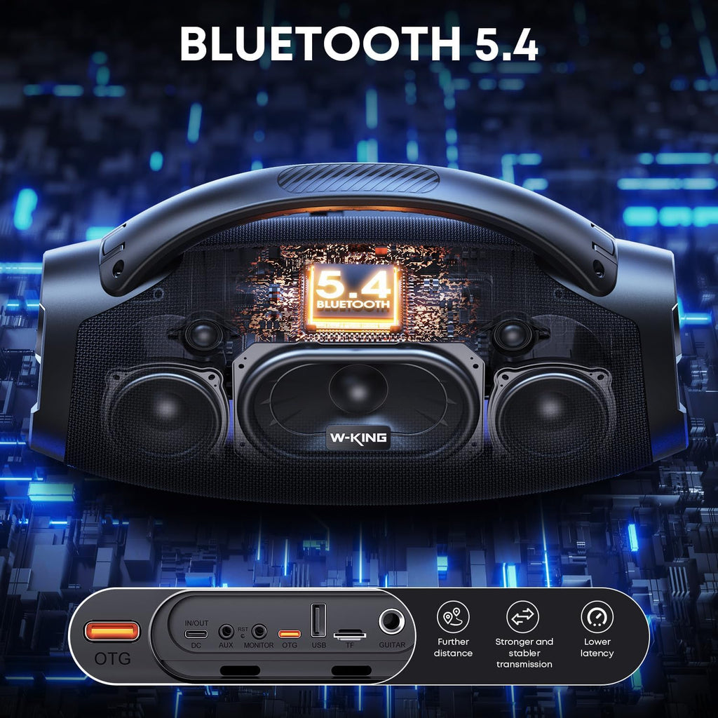 330W PEAK Loudest Boom Box, 7.5" Subwoofer/2.1Ch/IPX7 Waterproof, 200W RMS Party Large Bluetooth Speaker Wireless with 2 Woofers/DSP/BT5.4/APP/Fast Charge/OTG/AUX/Guitar-in, Massive Bass for Outdoors
