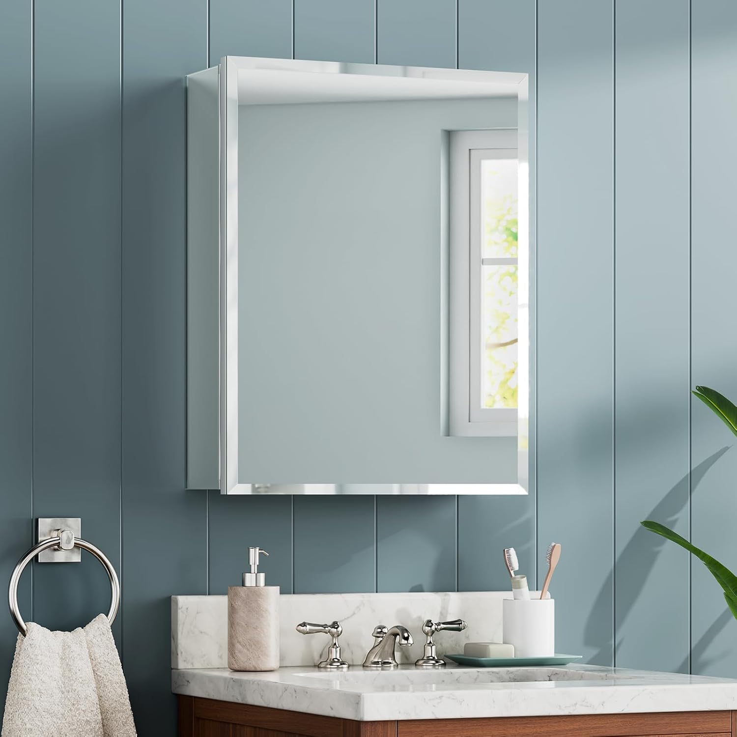 14x18 Inch Aluminum Medicine Cabinet with Beveled Mirror, Assembly Needed, Recessed or Wall Mount, 1 Adjustable Tempered Glass Shelf, Side Mirrors, Reversable Door, Rectangular Silver Edge