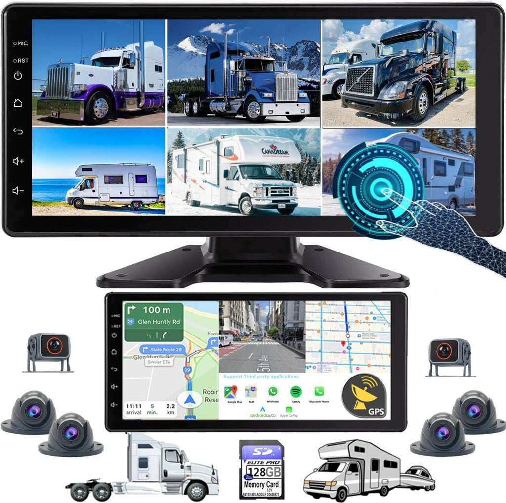 6-Channel GPS Navigation Car Stereo with Carplay 11-Inch Split 128GB 1080P Backup Camera Monitor & Built-in DVR for RV Truck Trailer Rear Side Front Reversing View Wired System Waterproof DGPS6