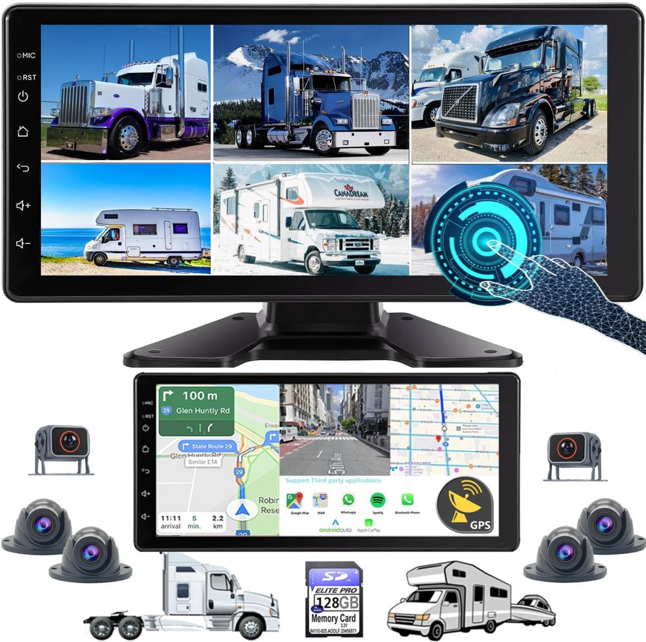 6-Channel GPS Navigation Car Stereo with Carplay 11-Inch Split 128GB 1080P Backup Camera Monitor & Built-in DVR for RV Truck Trailer Rear Side Front Reversing View Wired System Waterproof DGPS6