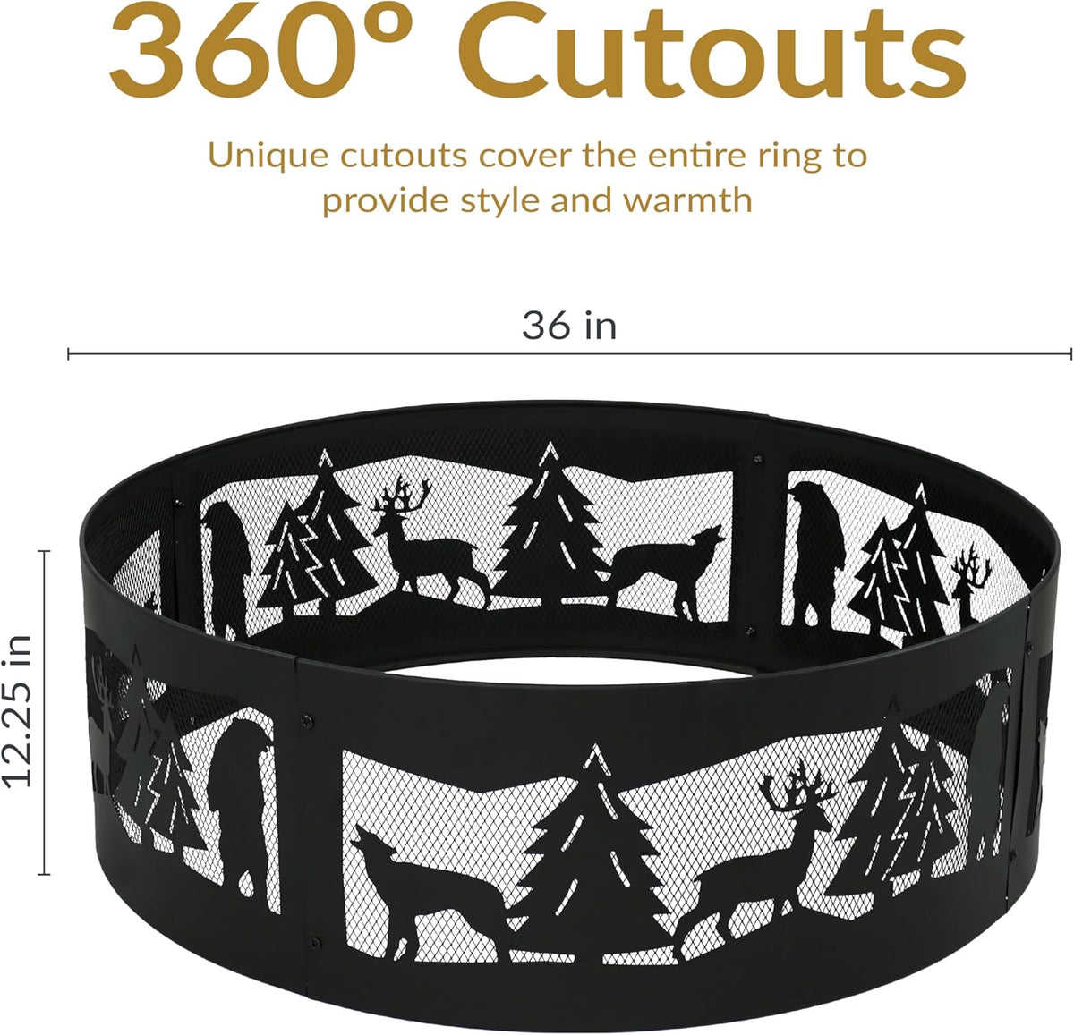 Sunnydaze 36-Inch Outdoor Fire Ring - Portable Metal Fire Pit Ring for Camping or Backyard - 360-Degree Wildlife Cutouts - Forest Wilderness
