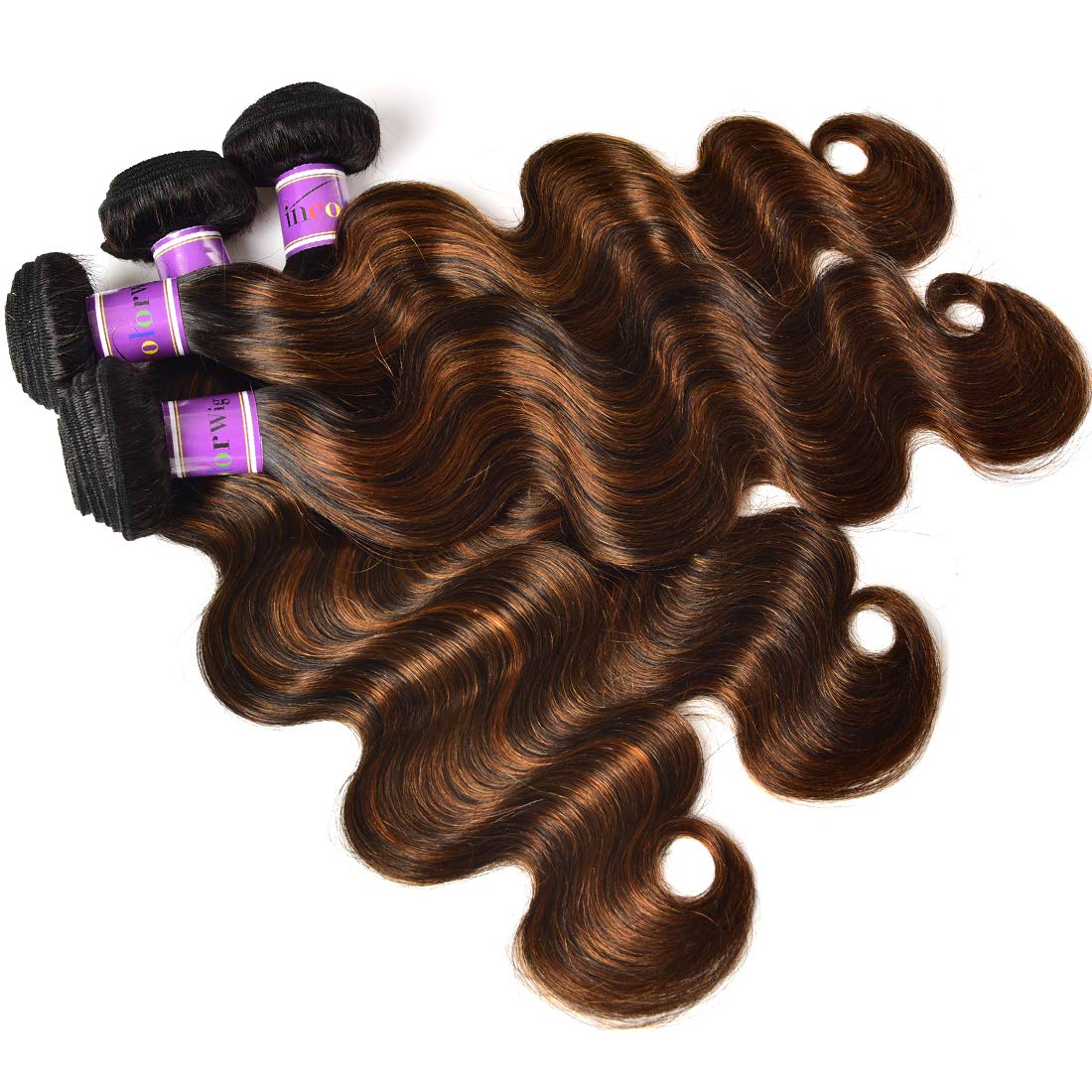 UNICE Brown Highlight Body Wave Human Hair Weave 3 Bundles 16 18 20 inch, Brazilian Remy Ombre Blonde Wavy Sew in Piano Color TFB30