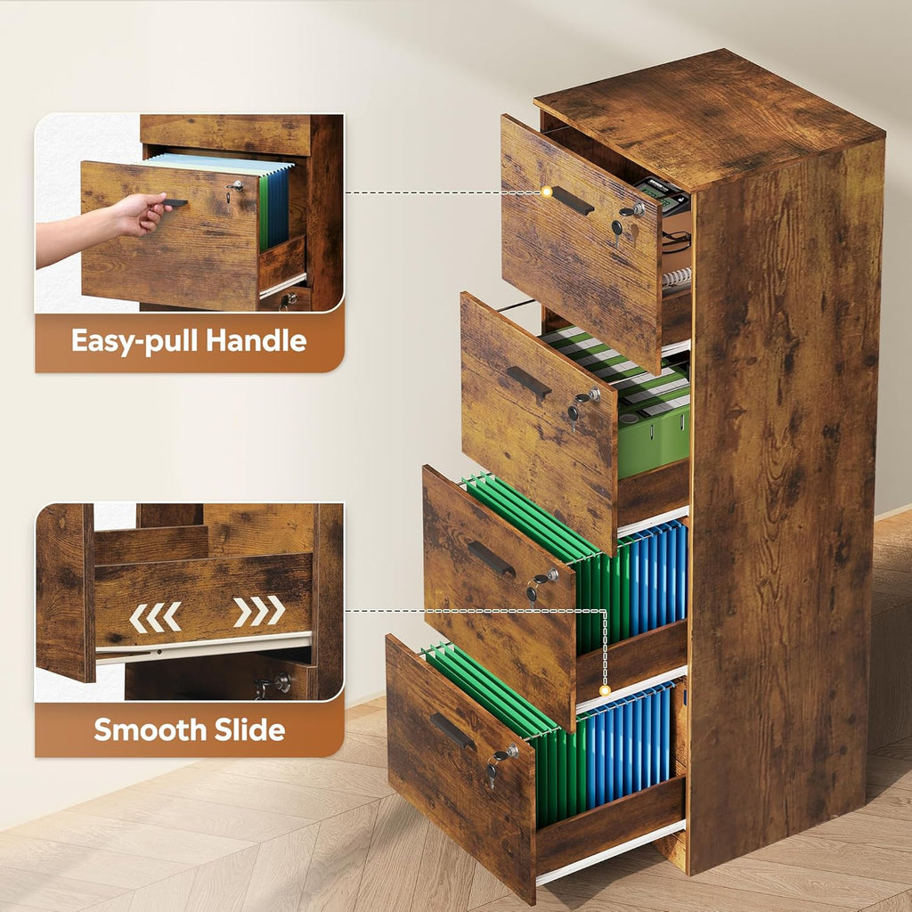 DEVAISE 4 Drawer Vertical File Cabinet, Wood Filing Cabinet with Lock, Home Office File Storage Cabinet for Letter and A4 Size, Printer Stand, Rustic Brown