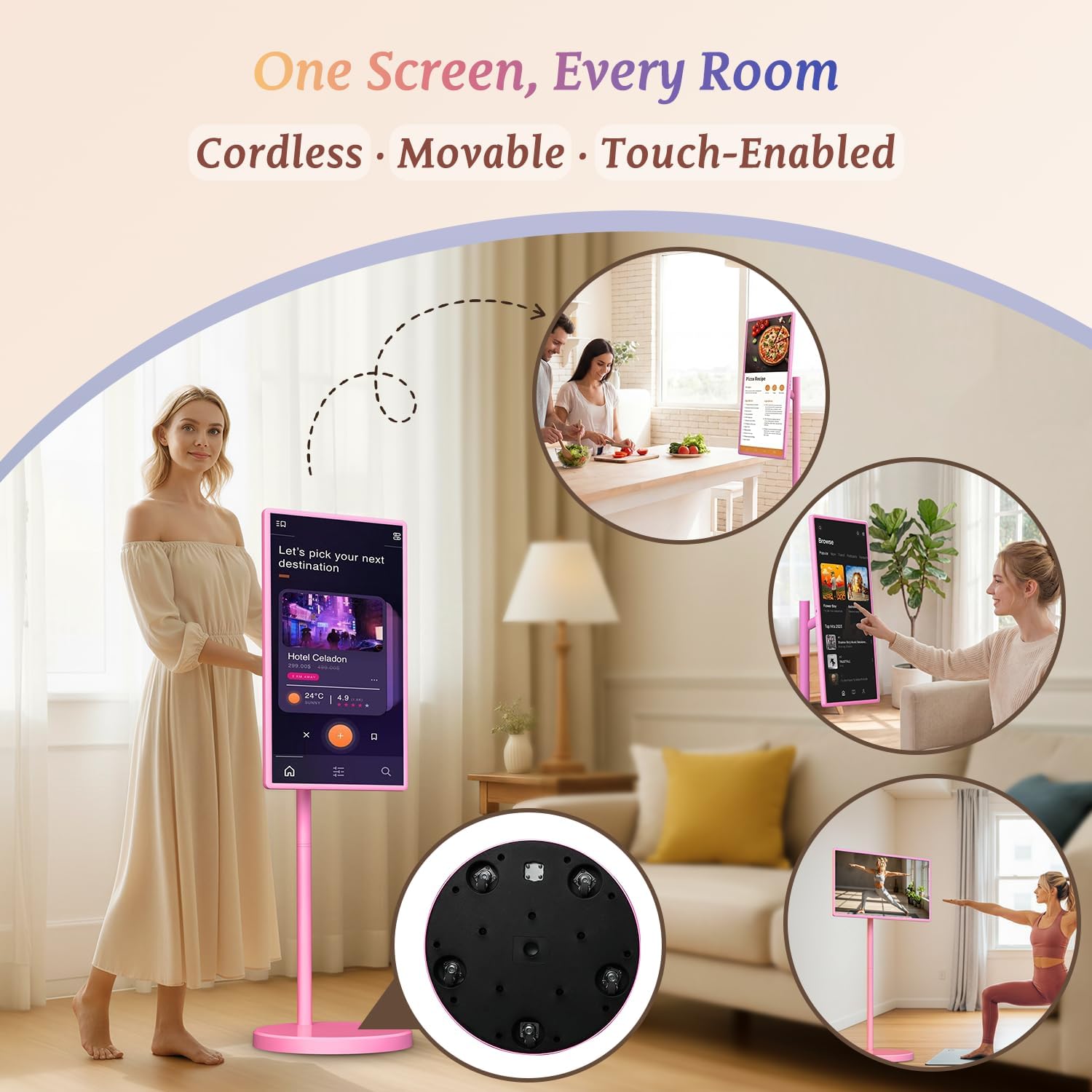 32" Portable Smart TV with Android 15, 1080P Touch Screen Monitor on Wheels, EDLA-Certified, 8GB+128GB Storage, 5MP Camera, 10H Playing Time, Rotatable Display, Wireless Casting, Voice Remote Control
