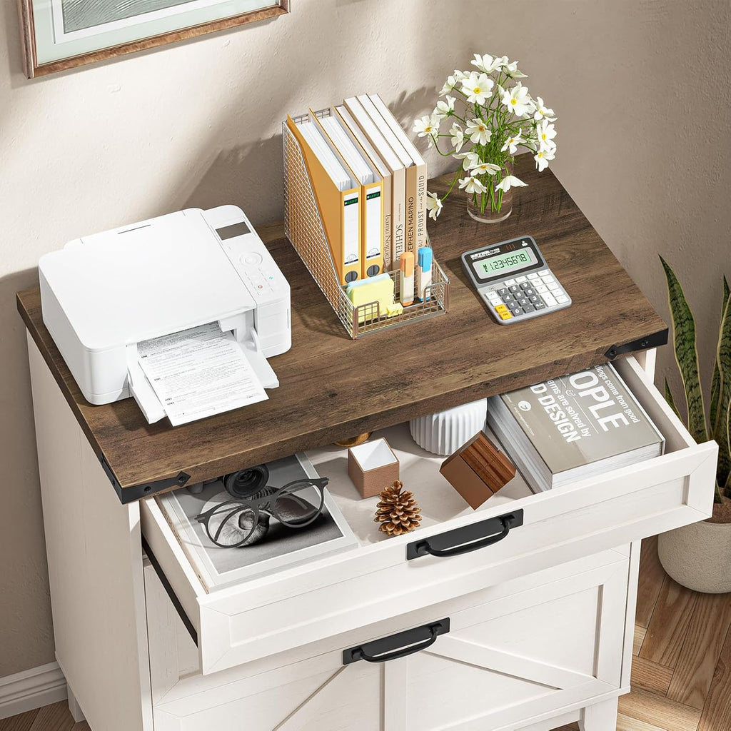 Vabches Lateral File Cabinet with 3 Drawers, Farmhouse File Cabinet for Legal/Letter/A4 Size Hanging Files, Large Wood Printer Stand Home Office, Rustic White