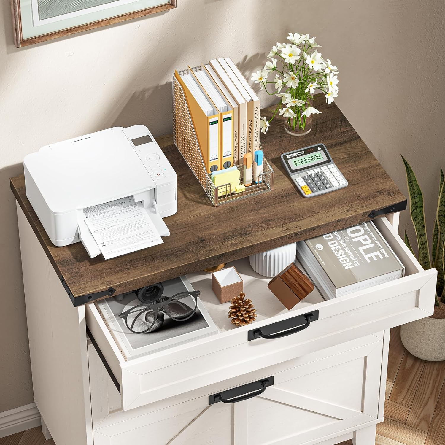 Vabches Lateral File Cabinet with 3 Drawers, Farmhouse File Cabinet for Legal/Letter/A4 Size Hanging Files, Large Wood Printer Stand Home Office, Rustic White