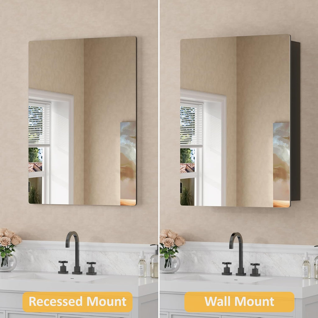 14”x24” Wall Mounted Medicine Cabinet with Mirror, 13.1” x 21.1” Recessed Bathroom Cabinets for Storage, Adjustable Tempered Glass Shelves, Soft-close DTC Hinges, HD Reflection, Pre-assembled, Black