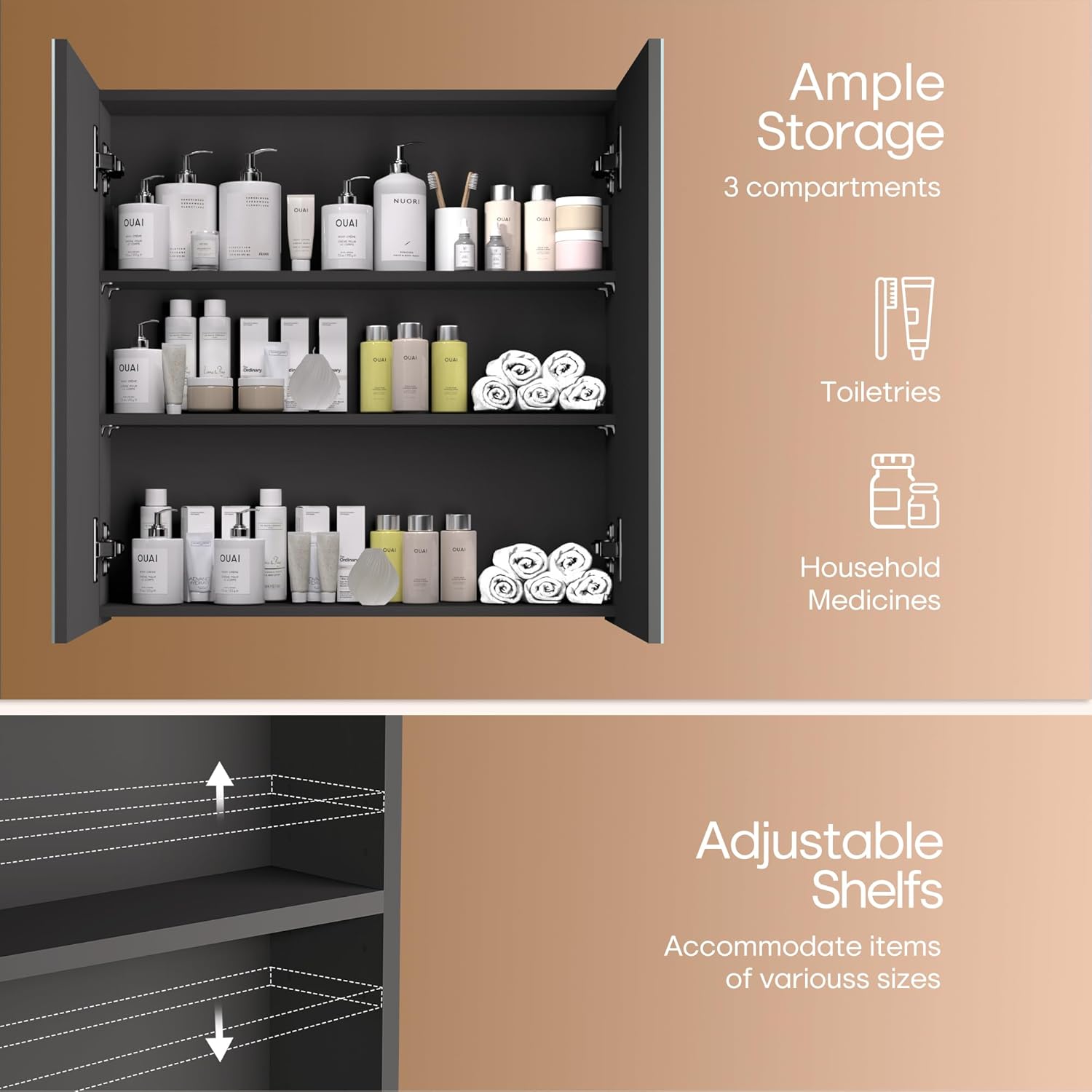 24x24 inch Bathroom Wall Cabinet, Saver Storage Cabinet, Medicine Cabinet with 2 Door and Adjustable Shelves, Black（Assembly Required）